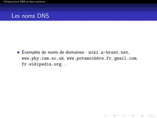 Infrastructure DNS et bien commun
Les noms DNS
Exemples de noms de domaines : wiki.a-brest.net,
www.phy.cam.ac.uk, www.potamochère.fr, gmail.com,
fr.wikipedia.org. . .
 