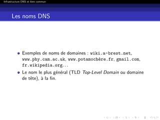 Infrastructure DNS et bien commun
Les noms DNS
Exemples de noms de domaines : wiki.a-brest.net,
www.phy.cam.ac.uk, www.potamochère.fr, gmail.com,
fr.wikipedia.org. . .
Le nom le plus général (TLD Top-Level Domain ou domaine
de tête), à la ﬁn.
 