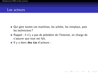 Infrastructure DNS et bien commun
Les acteurs
Qui gère toutes ces machines, les achète, les remplace, paie
les techniciens ?
Rappel : il n’y a pas de président de l’Internet, en charge de
s’assurer que tout est fait.
Il y a donc des tas d’acteurs :
 