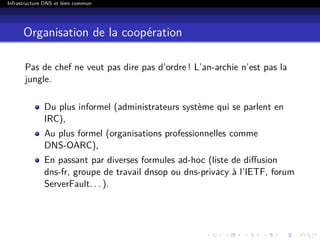Infrastructure DNS et bien commun
Organisation de la coopération
Pas de chef ne veut pas dire pas d’ordre ! L’an-archie n’est pas la
jungle.
Du plus informel (administrateurs système qui se parlent en
IRC),
Au plus formel (organisations professionnelles comme
DNS-OARC),
En passant par diverses formules ad-hoc (liste de diﬀusion
dns-fr, groupe de travail dnsop ou dns-privacy à l’IETF, forum
ServerFault. . . ).
 