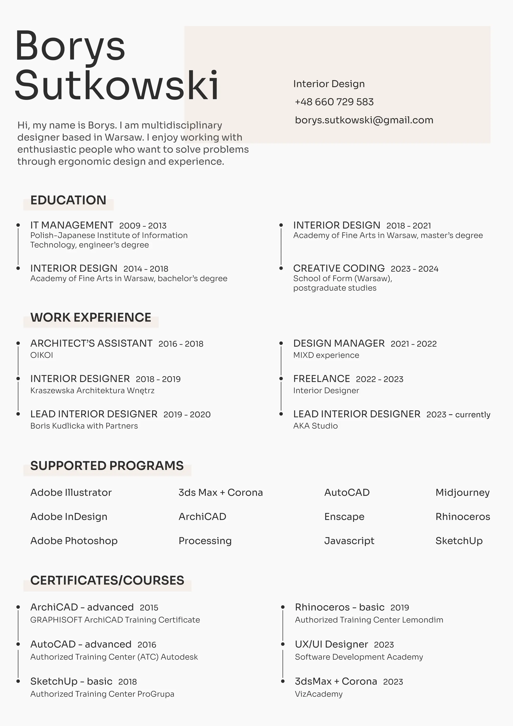 Borys Sutkowski cv 2024 interior designer | PDF