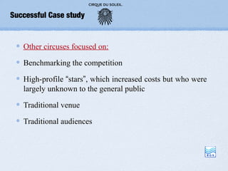 Successful Case study


   Other circuses focused on:

   Benchmarking the competition

   High-profile “stars”, which increased costs but who were
   largely unknown to the general public

   Traditional venue

   Traditional audiences
 