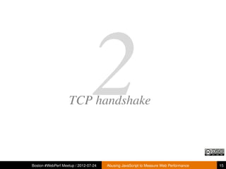 2
                    TCP handshake



Boston #WebPerf Meetup / 2012-07-24   Abusing JavaScript to Measure Web Performance   15
 