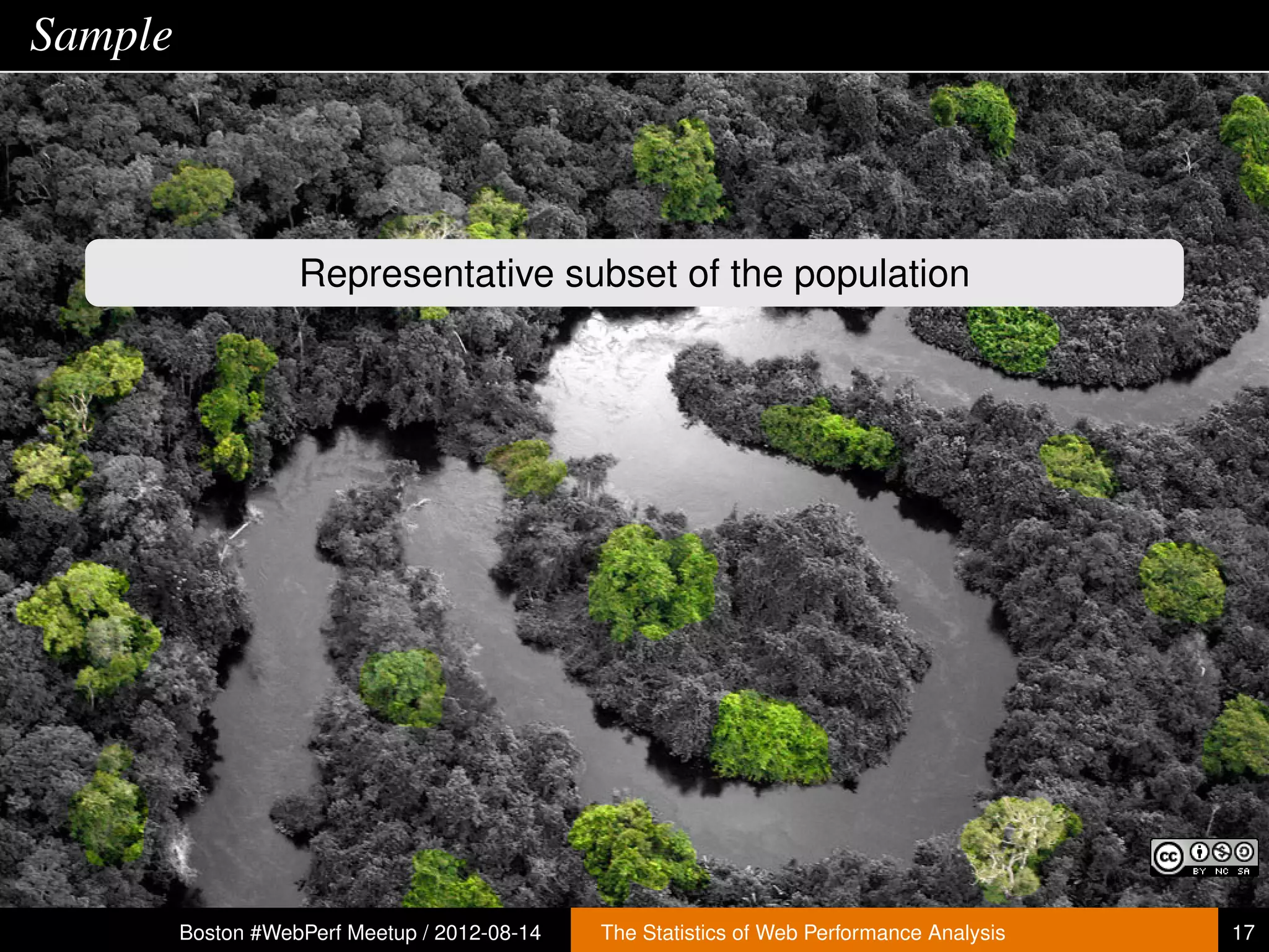 Sample



                    Representative subset of the population




         Boston #WebPerf Meetup / 2012-08-14   The Statistics of Web Performance Analysis   17
 