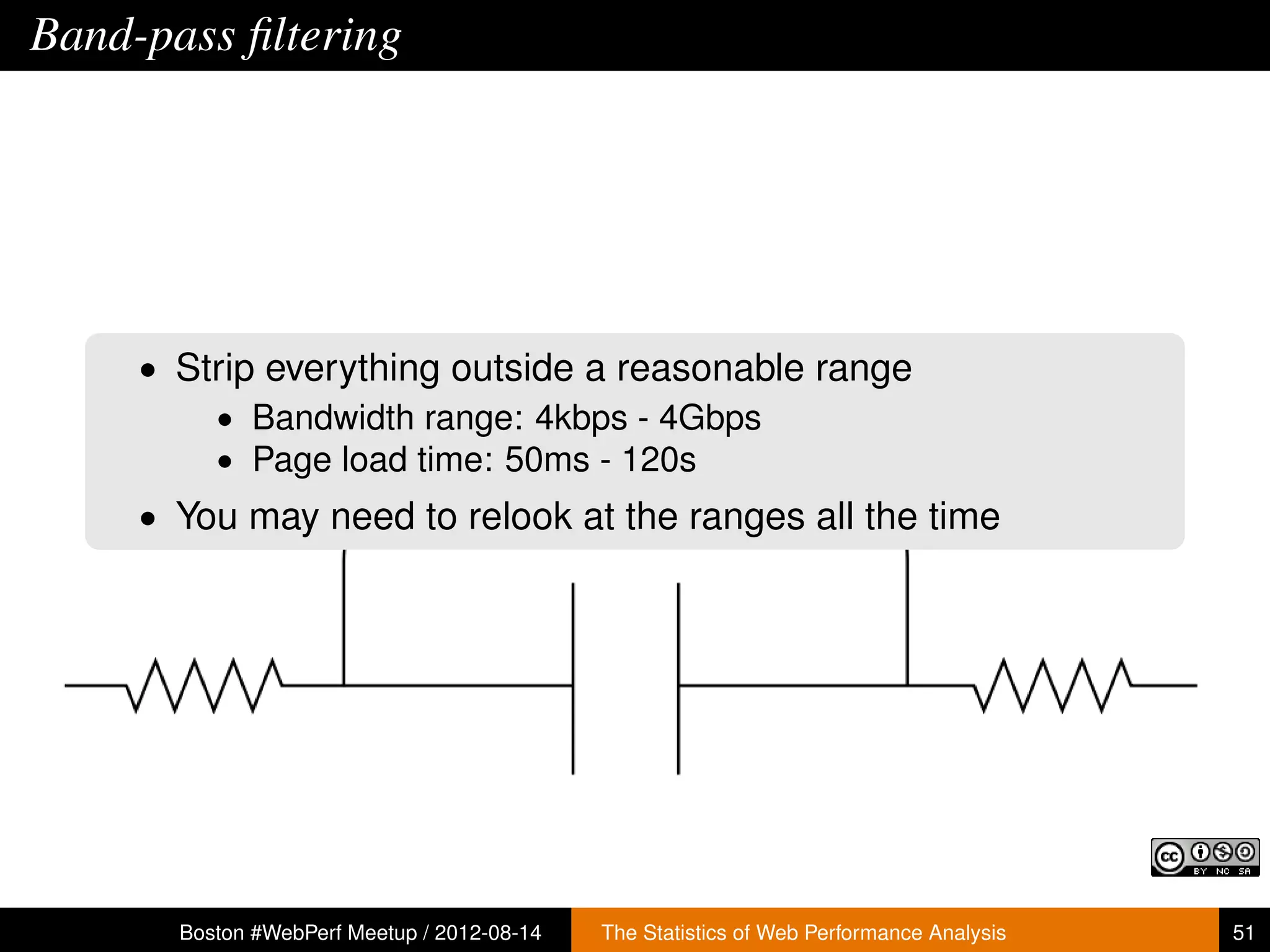 Band-pass ﬁltering




     • Strip everything outside a reasonable range
         • Bandwidth range: 4kbps - 4Gbps
         • Page load time: 50ms - 120s
     • You may need to relook at the ranges all the time




       Boston #WebPerf Meetup / 2012-08-14   The Statistics of Web Performance Analysis   51
 