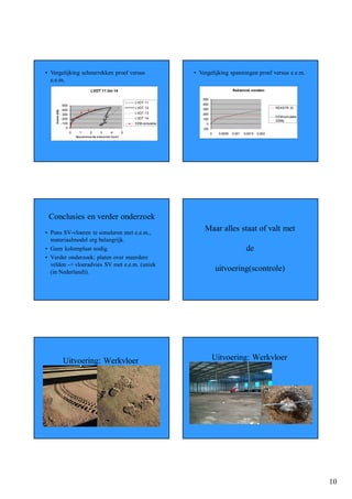 • Vergelijking scheurrekken proef versus                                        • Vergelijking spanningen proef versus e.e.m.
  e.e.m.
                                      LVDT 11 t/m 14                                                    Rekstrook rozetten

                                                                                   -500
                                                                LVDT 11
                  -500                                                             -400
                                                                LVDT 12            -300                                          REKSTR 33
                  -400
    Kracht [kN]




                  -300                                          LVDT 13            -200
                                                                LVDT 14                                                          EEM-simulatie
                  -200                                                             -100                                          2208y
                  -100                                          EEM-simulatie         0
                     0                                                             100
                         0     1      2      3      4       5                             0    0.0005   0.001   0.0015   0.002
                             Gesomm eerde scheurrek [mm ]




 Conclusies en verder onderzoek
• Pons SV-vloeren te simuleren met e.e.m.,
                                                                                    Maar alles staat of valt met
  materiaalmodel erg belangrijk.
• Geen kolomplaat nodig.                                                                                         de
• Verder onderzoek: platen over meerdere
  velden -> vloeradvies SV met e.e.m. (uniek
  (in Nederland)).
                                                                                              uitvoering(scontrole)




                   Uitvoering: Werkvloer                                                  Uitvoering: Werkvloer




                                                                                                                                                 10
 