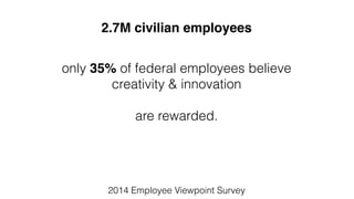 only 35% of federal employees believe
creativity & innovation
are rewarded.
2014 Employee Viewpoint Survey
2.7M civilian employees
 