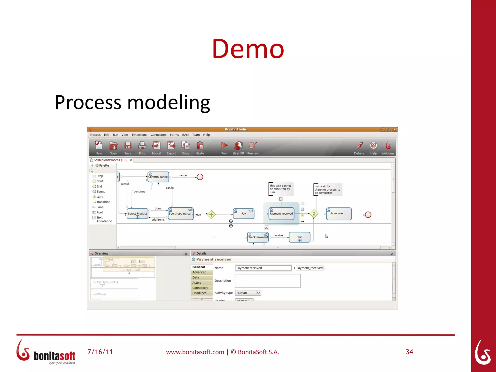 Demo
Process modeling




   7/16/11   www.bonitasoft.com | © BonitaSoft S.A.   34
 