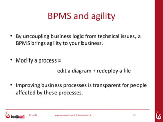 BPMS and agility
●
    By uncoupling business logic from technical issues, a
    BPMS brings agility to your business.

●
    Modify a process =
                      edit a diagram + redeploy a file

●
    Improving business processes is transparent for people
    affected by these processes.


         7/16/11    www.bonitasoft.com | © BonitaSoft S.A.   13
 