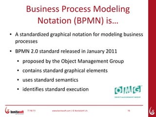 Business Process Modeling
           Notation (BPMN) is…
●   A standardized graphical notation for modeling business
    processes
●   BPMN 2.0 standard released in January 2011
    ●   proposed by the Object Management Group
    ●   contains standard graphical elements
    ●   uses standard semantics
    ●   identifies standard execution


          7/16/11    www.bonitasoft.com | © BonitaSoft S.A.   16
 