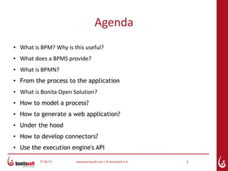 Agenda
●   What is BPM? Why is this useful?
●   What does a BPMS provide?
●   What is BPMN?
●
    From the process to the application
●   What is Bonita Open Solution?
●   How to model a process?
●   How to generate a web application?
●   Under the hood
●
    How to develop connectors?
●   Use the execution engine's API

           7/16/11       www.bonitasoft.com | © BonitaSoft S.A.   2
 