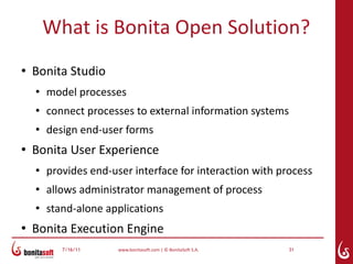 What is Bonita Open Solution?
●
    Bonita Studio
    ●
        model processes
    ●
        connect processes to external information systems
    ●
        design end-user forms
●
    Bonita User Experience
    ●
        provides end-user interface for interaction with process
    ●
        allows administrator management of process
    ●
        stand-alone applications
●
    Bonita Execution Engine
           7/16/11     www.bonitasoft.com | © BonitaSoft S.A.   31
 