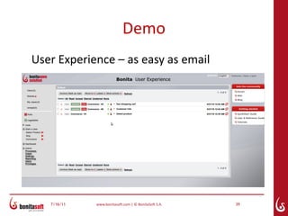 Demo
User Experience – as easy as email




   7/16/11   www.bonitasoft.com | © BonitaSoft S.A.   39
 