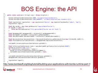 BOS Engine: the API




http://www.bonitasoft.org/blog/tutorial/building-your-applications-with-bonita-runtime-part-1/

               7/16/11         www.bonitasoft.com | © BonitaSoft S.A.             54
 