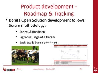 Product development -
                 Roadmap & Tracking
●
    Bonita Open Solution development follows
    Scrum methodology:
       ●
             Sprints & Roadmap
       ●
             Rigorous usage of a tracker
       ●
             Backlogs & Burn-down chart




           7/16/11     www.bonitasoft.com | © BonitaSoft S.A.   55
 