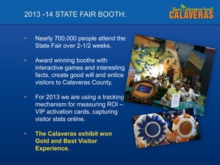 2013 -14 STATE FAIR BOOTH:
•

Nearly 700,000 people attend the
State Fair over 2-1/2 weeks.

•

Award winning booths with
interactive games and interesting
facts, create good will and entice
visitors to Calaveras County.

•

For 2013 we are using a tracking
mechanism for measuring ROI –
VIP activation cards, capturing
visitor stats online.

•

The Calaveras exhibit won
Gold and Best Visitor
Experience.

 