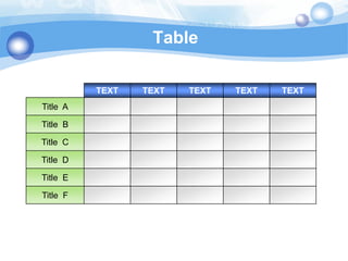 Table

          TEXT   TEXT   TEXT   TEXT   TEXT
Title A

Title B

Title C

Title D

Title E

Title F
 