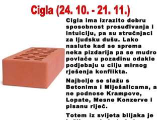 Cigla (24. 10. - 21. 11.) Cigla ima izrazito dobru sposobnost prosuđivanja i intuiciju, pa su stručnjaci za ljudsku dušu. Lako naslute kad se sprema neka pizdarija pa se mudro povlače u pozadinu odakle podjebaju u cilju mirnog rješenja konflikta. Najbolje se slažu s Betonima i Miješalicama, a ne podnose Krampove, Lopate, Mesne Konzerve i pisanu riječ. Totem iz svijeta biljaka je bršljan, a boja je boja cigle, samo zelena. 