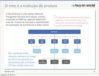 O time e a evolução do produto

          O BuyOnSocial é uma startup diferente.
          Inaugurada há cerca de 8 meses, nasceu       É liderada por executivos da própria
          encubada na DBR.ag, agência digital com      agência, mas já conta com uma
          mais de 10 anos de mercado e especializada   estrutura operacional dedicada ao
          em operações de ecommerce e redes sociais.   desenvolvimento do produto.




              Seu roadmap prevê
              releases mensais ao longo
              de 2012 em paralelo ao
              lançamento das primeiras
              20 lojas ainda neste ano.

       02 de Maio de 2012                                                                     16

sexta-feira, 4 de maio de 12
 