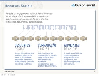 Recursos Sociais

          Através do engajamento social, o lojista incentiva
          as vendas e otimiza sua audiência criando um
          público altamente segmentado por meio das
          indicações dos próprios consumidores.




                            Com o like, compartilhe   Com o recurso de        O usuário conhece os
                            e twitte o lojista pode   comparação, o usuário   produtos que seus
                            oferecer ao usuário       pode publicar uma       amigos curtiram e
                            descontos na compra,      enquete em seu          compraram. Um
                            estimulando o consumo     Facebook                estimulo importante
                            e gerando audiência.      questionando qual       para compra.
                                                      produto deve comprar.

       02 de Maio de 2012                                                                            7

sexta-feira, 4 de maio de 12
 