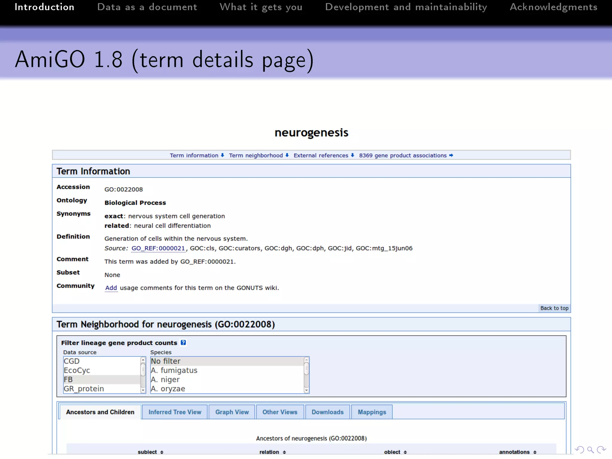Introduction   Data as a document   What it gets you   Development and maintainability   Acknowledgments



AmiGO 1.8 (term details page)
 