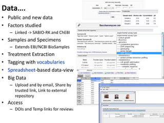 Data….
• Public and new data
• Factors studied
– Linked -> SABIO-RK and ChEBI
• Samples and Specimens
– Extends EBI/NCBI B...
