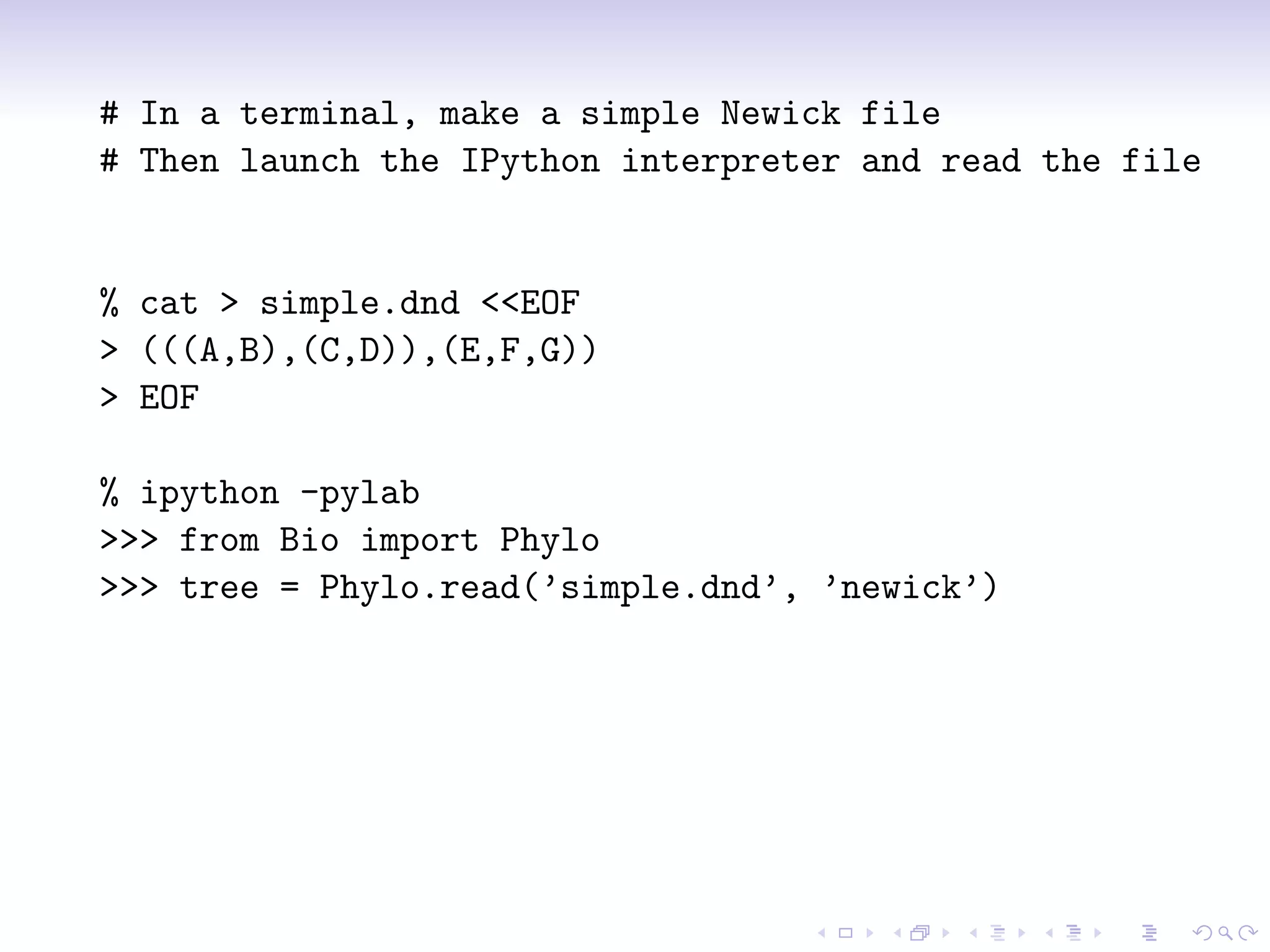 # In a terminal, make a simple Newick file
# Then launch the IPython interpreter and read the file


% cat > simple.dnd <<EOF
> (((A,B),(C,D)),(E,F,G))
> EOF

% ipython -pylab
>>> from Bio import Phylo
>>> tree = Phylo.read(’simple.dnd’, ’newick’)
 