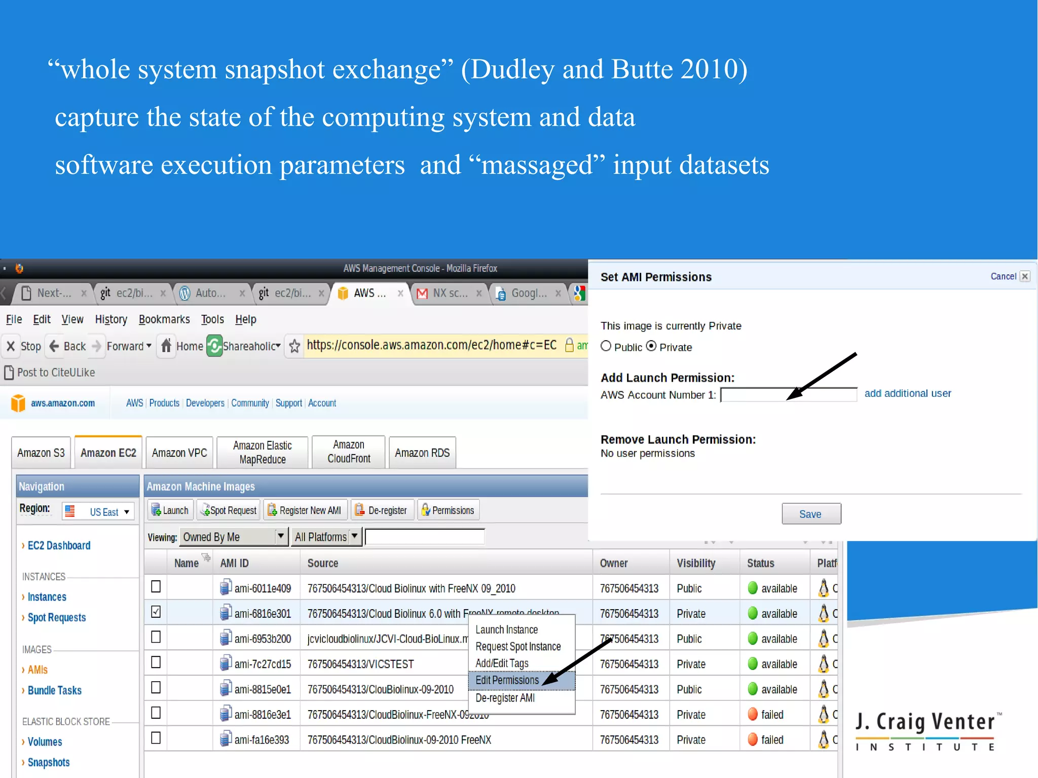 “whole system snapshot exchange” (Dudley and Butte 2010)
capture the state of the computing system and data
software execution parameters and “massaged” input datasets
 