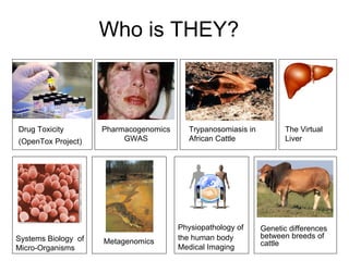 Who is THEY?



Drug Toxicity        Pharmacogenomics      Trypanosomiasis in          The Virtual
(OpenTox Project)         GWAS             African Cattle              Liver




                                        Physiopathology of      Genetic differences
Systems Biology of                      the human body          between breeds of
                     Metagenomics                               cattle
Micro-Organisms                         Medical Imaging
 