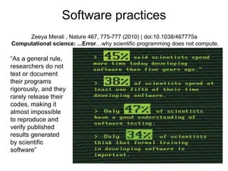 Software practices
     Zeeya Merali , Nature 467, 775-777 (2010) | doi:10.1038/467775a
Computational science: ...Error…why scientific programming does not compute.

“As a general rule,
researchers do not
test or document
their programs
rigorously, and they
rarely release their
codes, making it
almost impossible
to reproduce and
verify published
results generated
by scientific
software”
 