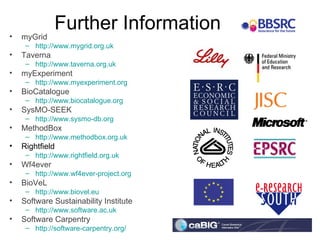 •
              Further Information
    myGrid
     – http://www.mygrid.org.uk
•   Taverna
     – http://www.taverna.org.uk
•   myExperiment
     – http://www.myexperiment.org
•   BioCatalogue
     – http://www.biocatalogue.org
•   SysMO-SEEK
     – http://www.sysmo-db.org
•   MethodBox
     – http://www.methodbox.org.uk
•   Rightfield
     – http://www.rightfield.org.uk
•   Wf4ever
     – http://www.wf4ever-project.org
•   BioVeL
     – http://www.biovel.eu
•   Software Sustainability Institute
     – http://www.software.ac.uk
•   Software Carpentry
     – http://software-carpentry.org/
 