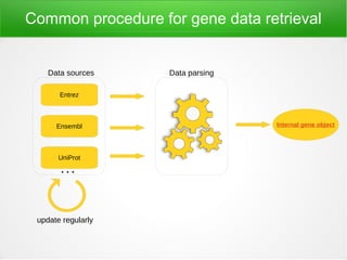 Common procedure for gene data retrieval
Entrez
Ensembl
UniProt
Internal gene object
Data sources Data parsing
update regu...