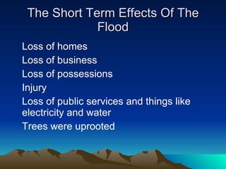 The Short Term Effects Of The Flood Loss of homes Loss of business Loss of possessions Injury Loss of public services and things like electricity and water Trees were uprooted 
