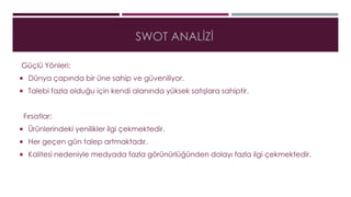 SWOT ANALİZİ 
Güçlü Yönleri: 
 Dünya çapında bir üne sahip ve güveniliyor. 
 Talebi fazla olduğu için kendi alanında yüksek satışlara sahiptir. 
Fırsatlar: 
 Ürünlerindeki yenilikler ilgi çekmektedir. 
 Her geçen gün talep artmaktadır. 
 Kalitesi nedeniyle medyada fazla görünürlüğünden dolayı fazla ilgi çekmektedir. 
 