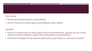 Zayıf yönler: 
 Teknik parçalarda yaşanan olumsuzluklar. 
 Üretim hatası olan ürünler güven yetersizliğine neden olabilir. 
Tehditler: 
 İthal ürün alımlarında son yıllarda gerek döviz kurlarındaki artış, gerekse de yurt içinde 
üretilen ürünlerin kalitesinin artışıyla önemli bir gerileme yaşamaktadır. 
 Üretimlere bakıldığında inişli çıkışlı bir grafik göze çarpmakta, bu olumsuz bir özelliktir. 
