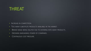 THREAT
• INCREASE IN COMPETITION.
• TOO MANY SUBSTITUTE PRODUCTS AVAILABLE IN THE MARKET.
• BRAND IMAGE BEING DILUTED DUE TO ENTERING INTO MANY PRODUCTS.
• GROWING BARGAINING POWER OF COMPANIES.
• CONTINUOUS COST PRESSURE.
 
