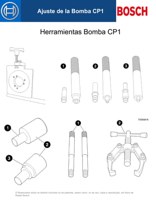 © Reservados todos os direitos incluídos os de patentes, assim como, os de uso, cópia e reprodução, em favor de
Robert Bosch
Mastertitelformat bearbeitenAjuste de la Bomba CP1
Herramientas Bomba CP1
 