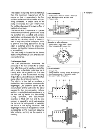 The electric fuel pump delivers more fuel        Electric fuel pump                                                   K-Jetronic
than the maximum requirement of the              1 Suction side, 2 Pressure limiter, 3 Roller-cell
engine so that compression in the fuel           pump, 4 Motor armature, 5 Check valve,
system can be maintained under all oper-         6 Pressure side.
ating conditions. A check valve in the                        2 3         4             5
pump decouples the fuel system from
the fuel tank by preventing reverse flow of
fuel to the fuel tank.                            1                                                  6
The electric fuel pump starts to operate




                                                                                                         UMK0121-2Y
immediately when the ignition and start-
ing switches are operated and remains
switched on continuously after the engine
                                                                                                 Fig. 3
has started. A safety circuit is incorpor-      Fig. 4
ated to stop the pump running and, thus,         Operation of roller-cell pump
to prevent fuel being delivered if the ig-       1 Suction side, 2 Rotor plate, 3 Roller,
nition is switched on but the engine has         4 Roller race plate, 5 Pressure side.
stopped turning (for instance in the case                               2 3     4
of an accident).
The fuel pump is located in the imme-
diate vicinity of the fuel tank and requires              1                                 5
no maintenance.




                                                                                                         UMK0120-2Y
Fuel accumulator
The fuel accumulator maintains the
pressure in the fuel system for a certain       Fig. 5
time after the engine has been switched          Fuel accumulator
off in order to facilitate restarting, parti-    a Empty, b Full.
cularly when the engine is hot. The spe-         1 Spring chamber, 2 Spring, 3 Stop, 4 Diaphragm,
cial design of the accumulator housing           5 Accumulator volume, 6 Fuel inlet or outlet,
                                                 7 Connection to the atmosphere.
(Figure 5) deadens the sound of the fuel
pump when the engine is running.
                                                   a          1     2     3 4       5
The interior of the fuel accumulator is
divided into two chambers by means of a
diaphragm. One chamber serves as the
accumulator for the fuel whilst the other
represents the compensation volume                 7
                                                                                                     6
and is connected to the atmosphere or to
the fuel tank by means of a vent fitting.
During operation, the accumulator
chamber is filled with fuel and the dia-
phragm is caused to bend back against
the force of the spring until it is halted by
the stops in the spring chamber. The
                                                   b
diaphragm remains in this position, which
corresponds to the maximum accumu-
lator volume, as long as the engine is
running.
                                                                                                         UMK1653Y




                                                                                                                      15
 