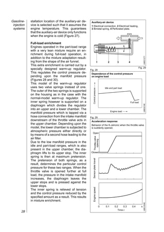 Gasoline-    stallation location of the auxiliary-air de-    Auxiliary-air device
 injection   vice is selected such that it assumes the       1 Electrical connection, 2 Electrical heating,
 systems     engine temperature. This guarantees             3 Bimetal spring, 4 Perforated plate.
             that the auxiliary-air device only functions
             when the engine is cold (Figure 27).

             Full-load enrichment
             Engines operated in the part-load range
             with a very lean mixture require an en-
             richment during full-load operation, in




                                                                                                                                          UMK0127Y
             addition to the mixture adaptation result-
             ing from the shape of the air funnel.                                   1          2         3           4
             This extra enrichment is carried out by a
                                                                                                                                  Fig. 29
             specially designed warm-up regulator.          Fig. 28
             This regulates the control pressure de-         Dependence of the control pressure
             pending upon the manifold pressure              on engine load
             (Figures 28 and 30).
             This model of the warm-up regulator
             uses two valve springs instead of one.                                          Idle and part load

                                                                Control pressure
             The outer of the two springs is supported
             on the housing as in the case with the
             normal-model warm-up regulator. The
             inner spring however is supported on a                                                                       Full load




                                                                                                                                          UMK0019E
             diaphragm which divides the regulator
             into an upper and a lower chamber. The
                                                                                                    Engine load
             manifold pressure which is tapped via a
             hose connection from the intake manifold       Fig. 29
             downstream of the throttle valve acts in        Acceleration response
             the upper chamber. Depending upon the           Behavior of the K-Jetronic when the throttle valve
             model, the lower chamber is subjected to        is suddenly opened.
             atmospheric pressure either directly or
                                                              Open
             by means of a second hose leading to the
                                                                   Throttle-valve




             air filter.
                                                                     opening




             Due to the low manifold pressure in the
             idle and part-load ranges, which is also
             present in the upper chamber, the dia-
             phragm lifts to its upper stop. The inner       Closed
             spring is then at maximum pretension.
                                                               Sensor-plate travel




             The pretension of both springs, as a
             result, determines the particular control
             pressure for these two ranges. When the
             throttle valve is opened further at full
             load, the pressure in the intake manifold
             increases, the diaphragm leaves the
             upper stops and is pressed against the
             lower stops.
                                                               Engine speed




             The inner spring is relieved of tension
             and the control pressure reduced by the
             specified amount as a result. This results
             in mixture enrichment.
                                                                                                                                          UMK1659E




                                                                                         0   0.1        0.2     0.3        0.4        s
                                                                                                           Time t
       28
 