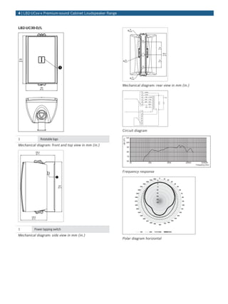 LB2‑UC30‑D/L
245
(9.6)
160
(6.3)
1
1 Rotatable logo
Mechanical diagram: front and top view in mm (in.)
169.3
(6.7)
247
(9.7)
130.8
(5.1)
1
1 Power tapping switch
Mechanical diagram: side view in mm (in.)
18
(0.7)
78
(3.1)
78
(3.1)
262.4
(10.3)
10
(0.4)
10
(0.4)
Ø
Ø
Ø
Mechanical diagram: rear view in mm (in.)
C'
D'
E'
F'
E
D
C
B
A
0
C
100V 70.7V
2.2uf
F 8 ohms
A'
B'
30W
15W
7.5W
3.75W
3.75W
7.5W
15W
30W
Circuit diagram
60
70
80
90
100
110
10 100 1000 10000 100000
Frequency (Hz)
dBSPL
BOSCH
Frequency response
-30
-25
-20
-15
-10
-5
0
5
0 10
20
30
40
50
60
70
80
90
100
110
120
130
140
150
160
170
180
190
200
210
220
230
240
250
260
270
280
290
300
310
320
330
340
350
125 250 500 1000
Polar diagram horizontal
4 | LB2‑UCxx‑x Premium‑sound Cabinet Loudspeaker Range
 