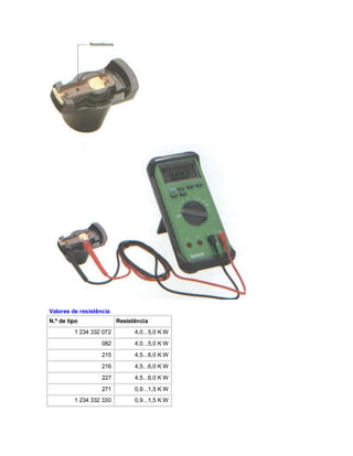 Valores de resistência
N.º de tipo Resistência
1 234 332 072 4,0...5,0 K W
082 4,0...5,0 K W
215 4,5...6,0 K W
216 4,5...6,0 K W
227 4,5...6,0 K W
271 0,9...1,5 K W
1 234 332 330 0,9...1,5 K W
 