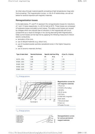 its initial value through material-specific annealing at high temperatures (mag-netic
final annealing). The magnetization curves, i.e. the B–H relationships, are set out
below for several important soft magnetic materials.
Remagnetization losses
In the table below, P1 and P1.5 represent the remagnetization losses for inductions
of 1 and 1.5 tesla respectively, in a 50 Hz field at 20°
C. These losses are composed
of hysteresis losses and eddy-current losses. The eddy-current losses are caused
by voltages which are induced (law of induction) in the magnetically soft circuit
components as a result of changes in flux during alternating-field magnetization.
Eddy-current losses can be kept low by applying the following measures to reduce
electric conductivity:
 lamination of the core,
 use of alloyed materials (e.g. silicon iron),
 use of insulated powder particles (powdered cores) in the higher frequency
range),
 use of ceramic materials (ferrites).
Type of steel sheet Nominal thickness Specific total loss W/kg B (for H = 10 kA/m)
mm P1 P1.5 T
M 270 – 35 A 0.35 1.1 2.7 1.70
M 330 – 35 A 0.35 1.3 3.3 1.70
M 400 – 50 A 0.5 1.7 4.0 1.71
M 530 – 50 A 0.5 2.3 5.3 1.74
M 800 – 50 A 0.5 3.6 8.1 1.77
Enlarge picture
Magnetization curves for
soft magnetic materials
1 Pure iron
2 78 NiFe (Permalloy)
3 36 NiFe
4 Ni-Zn ferrite
5 50 CoFe
6 V360-50A (magnetic
sheet steel)
7 Structural steel
8 Cast iron
9 Powder Fe core
Enlarge picture
Demagnetization curves
for various permanent-
magnet materials
页码，2/3
Electrical engineering
2008-1-10
file://D:boschboschdatenengphysikeltechferro.html
 