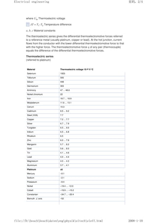 where Uth Thermoelectric voltage
∆T = T1–T2 Temperature difference
a, b, c Material constants
The thermoelectric series gives the differential thermoelectromotive forces referred
to a reference metal (usually platinum, copper or lead). At the hot junction, current
flows from the conductor with the lower differential thermoelectromotive force to that
with the higher force. The thermoelectromotive force η of any pair (thermocouple)
equals the difference of the differential thermoelectromotive forces.
Thermoelectric series
(referred to platinum)
Material Thermoelectric voltage 10–6 V/°C
Selenium 1003
Tellurium 500
Silicon 448
Germanium 303
Antimony 47 ... 48.6
Nickel chromium 22
Iron 18.7 ... 18.9
Molybdenum 11.6 ... 13.1
Cerium 10.3
Cadmium 8.5 ... 9.2
Steel (V2A) 7.7
Copper 7.2 ... 7.7
Silver 6.7 ... 7.9
Tungsten 6.5 ... 9.0
Iridium 6.5 ... 6.8
Rhodium 6.5
Zinc 6.0 ... 7.9
Manganin 5.7 ... 8.2
Gold 5.6 ... 8.0
Tin 4.1 ... 4.6
Lead 4.0 ... 4.4
Magnesium 4.0 ... 4.3
Aluminium 3.7 ... 4.1
Platinum ±0
Mercury –0.1
Sodium –2.1
Potassium –9.4
Nickel –19.4 ... -12.0
Cobalt –19.9 ... –15.2
Constantan –34.7 ... –30.4
Bismuth ⊥axis –52
页码，2/4
Electrical engineering
2008-1-10
file://D:boschboschdatenengphysikeltecheleff.html
 