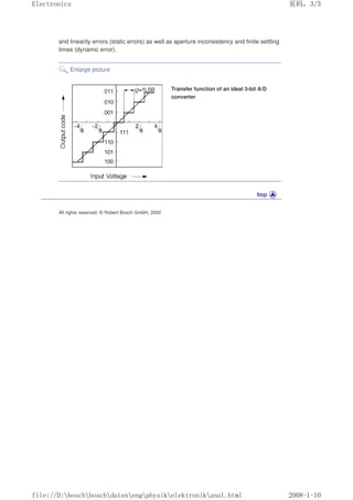 and linearity errors (static errors) as well as aperture inconsistency and finite settling
times (dynamic error).
Enlarge picture
Transfer function of an ideal 3-bit A/D
converter
All rights reserved. © Robert Bosch GmbH, 2002
页码，3/3
Electronics
2008-1-10
file://D:boschboschdatenengphysikelektronikanal.html
 