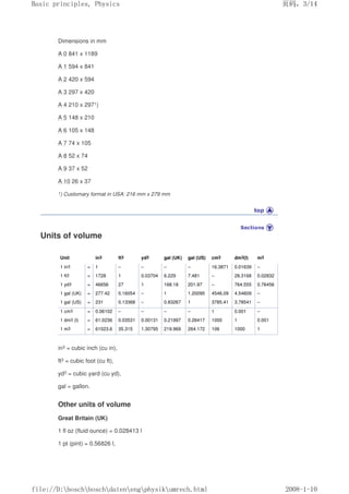 Dimensions in mm
A 0 841 x 1189
A 1 594 x 841
A 2 420 x 594
A 3 297 x 420
A 4 210 x 2971)
A 5 148 x 210
A 6 105 x 148
A 7 74 x 105
A 8 52 x 74
A 9 37 x 52
A 10 26 x 37
1) Customary format in USA: 216 mm x 279 mm
Units of volume
Unit in3 ft3 yd3 gal (UK) gal (US) cm3 dm3(l) m3
1 in3 = 1 – – – – 16.3871 0.01639 –
1 ft3 = 1728 1 0.03704 6.229 7.481 – 28.3168 0.02832
1 yd3 = 46656 27 1 168.18 201.97 – 764.555 0.76456
1 gal (UK) = 277.42 0.16054 – 1 1.20095 4546,09 4.54609 –
1 gal (US) = 231 0.13368 – 0.83267 1 3785.41 3.78541 –
1 cm3 = 0.06102 – – – – 1 0.001 –
1 dm3 (l) = 61.0236 0.03531 0.00131 0.21997 0.26417 1000 1 0.001
1 m3 = 61023.6 35.315 1.30795 219.969 264.172 106 1000 1
in3 = cubic inch (cu in),
ft3 = cubic foot (cu ft),
yd3 = cubic yard (cu yd),
gal = gallon.
Other units of volume
Great Britain (UK)
1 fl oz (fluid ounce) = 0.028413 l
1 pt (pint) = 0.56826 l,
页码，3/14
Basic principles, Physics
2008-1-10
file://D:boschboschdatenengphysikumrech.html
 