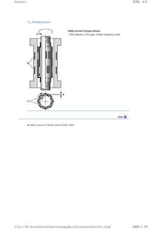 Enlarge picture
Eddy-current torque sensor
1 Slot sleeves, 2 Air gap, 3 High-frequency coils.
All rights reserved. © Robert Bosch GmbH, 2002
页码，4/4
Sensors
2008-1-10
file://D:boschboschdatenengphysiksensorenkrafts.html
 