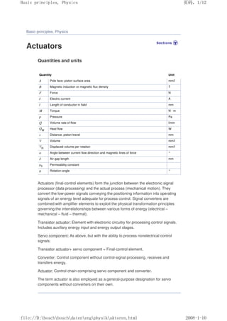 Basic principles, Physics
Actuators
Quantities and units
Quantity Unit
A Pole face; piston surface area mm2
B Magnetic induction or magnetic flux density T
F Force N
I Electric current A
l Length of conductor in field mm
M Torque N · m
p Pressure Pa
Q Volume rate of flow l/min
QW Heat flow W
s Distance, piston travel mm
V Volume mm3
Vth Displaced volume per rotation mm3
α Angle between current flow direction and magnetic lines of force °
δ Air-gap length mm
µ0 Permeability constant
φ Rotation angle °
Actuators (final-control elements) form the junction between the electronic signal
processor (data processing) and the actual process (mechanical motion). They
convert the low-power signals conveying the positioning information into operating
signals of an energy level adequate for process control. Signal converters are
combined with amplifier elements to exploit the physical transformation principles
governing the interrelationships between various forms of energy (electrical –
mechanical – fluid – thermal).
Transistor actuator: Element with electronic circuitry for processing control signals.
Includes auxiliary energy input and energy output stages.
Servo component: As above, but with the ability to process nonelectrical control
signals.
Transistor actuator+ servo component = Final-control element.
Converter: Control component without control-signal processing, receives and
transfers energy.
Actuator: Control chain comprising servo component and converter.
The term actuator is also employed as a general-purpose designation for servo
components without converters on their own.
义ⷕˈ
%DVLFSULQFLSOHV3KVLFV

ILOH'?ERVFK?ERVFK?GDWHQ?HQJ?SKVLN?DNWRUHQKWPO
 