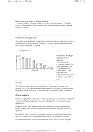 Mean control-force density of selected actuators
1 Hydraulic cylinder, 2 Pneumatic cylinder, 3 DC motor, 4 Ultrasonic motor, 5 Piezoeffect
actuator, 6 Memory wire, 7 Valve solenoid actuator, 8 Magnetostriction actuator, 9 Solenoid
actuator 5 % on-time.
Control-force density per stroke
The control-force density per stroke is the transitional maximum control force for one
stroke relative to the unit volume. A spindle (1 mm pitch) with a length equal to the
motor length is specified for motors.
Enlarge picture
Control-force density per
stroke of selected
actuators
1 Hydraulic cylinder,
2 Pneumatic cylinder, 3 DC
motor, 4 Ultrasonic motor,
5 Piezoeffect actuator,
6 Memory wire, 7 Valve
solenoid actuator,
8 Magnetostriction actuator,
9 Solenoid actuator 5 % on-
time.
Efficiency
The efficiency is the supplied energy divided by the energy transmitted to the
actuator, not including losses associated with electronic or other control assemblies.
Options for energy recycling (i.e., with piezoelectric actuators) are not considered.
Characteristics
Extremely high performance levels in the areas of expansion, mechanical stress and
velocity make hydraulic actuators the preferred design for extended heavy-duty
applications.
In electric motors, high peripheral velocities compensate for low magnetic-field
forces, allowing these motors to provide high levels of force density in continuous
operation.
Despite their limited expansion, piezoelectric actuators are capable of generating
high force levels and are thus suitable for providing brief bursts of high energy.
Linear solenoids suffer from substantial thermal losses at the coil; with adequate
义ⷕˈ
%DVLFSULQFLSOHV3KVLFV

ILOH'?ERVFK?ERVFK?GDWHQ?HQJ?SKVLN?DNWRUHQKWPO
 