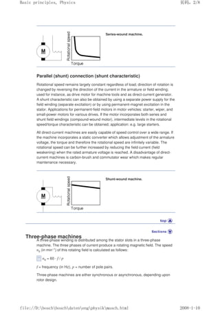 Series-wound machine.
Parallel (shunt) connection (shunt characteristic)
Rotational speed remains largely constant regardless of load; direction of rotation is
changed by reversing the direction of the current in the armature or field winding;
used for instance, as drive motor for machine tools and as direct-current generator.
A shunt characteristic can also be obtained by using a separate power supply for the
field winding (separate excitation) or by using permanent-magnet excitation in the
stator. Applications for permanent-field motors in motor vehicles: starter, wiper, and
small-power motors for various drives. If the motor incorporates both series and
shunt field windings (compound-wound motor), intermediate levels in the rotational
speed/torque characteristic can be obtained; application: e.g. large starters.
All direct-current machines are easily capable of speed control over a wide range. If
the machine incorporates a static converter which allows adjustment of the armature
voltage, the torque and therefore the rotational speed are infinitely variable. The
rotational speed can be further increased by reducing the field current (field
weakening) when the rated armature voltage is reached. A disadvantage of direct-
current machines is carbon-brush and commutator wear which makes regular
maintenance necessary.
Shunt-wound machine.
Three-phase machines
A three-phase winding is distributed among the stator slots in a three-phase
machine. The three phases of current produce a rotating magnetic field. The speed
n0 (in min–1) of this rotating field is calculated as follows:
n0 = 60 · f / p
f = frequency (in Hz), p = number of pole pairs.
Three-phase machines are either synchronous or asynchronous, depending upon
rotor design.
义ⷕˈ
%DVLFSULQFLSOHV3KVLFV

ILOH'?ERVFK?ERVFK?GDWHQ?HQJ?SKVLN?PDVFKKWPO
 