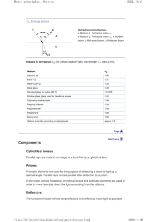 Enlarge picture
Refraction and reflection.
a Medium 1, Refractive index n1,
b Medium 2, Refractive index n2. 1 Incident
beam, 2 Refracted beam, 3 Reflected beam.
Indices of refraction nD (for yellow sodium light, wavelength λ = 589.3 nm).
Medium nD
Vacuum, air 1.00
Ice (0 °C) 1.31
Water (+20 °C) 1.33
Silica glass 1.46
Standard glass for optics (BK 7) 1.51673
Window glass, glass used for headlamp lenses 1.52
Polymethyl methacrylate 1.49
Polyvinyl chloride 1.54
Polycarbonate 1.58
Polystyrene 1.59
Epoxy resin 1.60
Gallium arsenide (according to doping level) approx. 3.5
Components
Cylindrical lenses
Parallel rays are made to converge in a focal line by a cylindrical lens.
Prisms
Prismatic elements are used for the purpose of deflecting a beam of light by a
desired angle. Parallel rays remain parallel after deflection by a prism.
In the motor-vehicle headlamp, cylindrical lenses and prismatic elements are used in
order to more favorably direct the light emanating from the reflector.
Reflectors
The function of motor-vehicle lamp reflectors is to reflect as much light as possible
义ⷕˈ
%DVLFSULQFLSOHV3KVLFV

ILOH'?ERVFK?ERVFK?GDWHQ?HQJ?SKVLN?WHRSKWPO
 